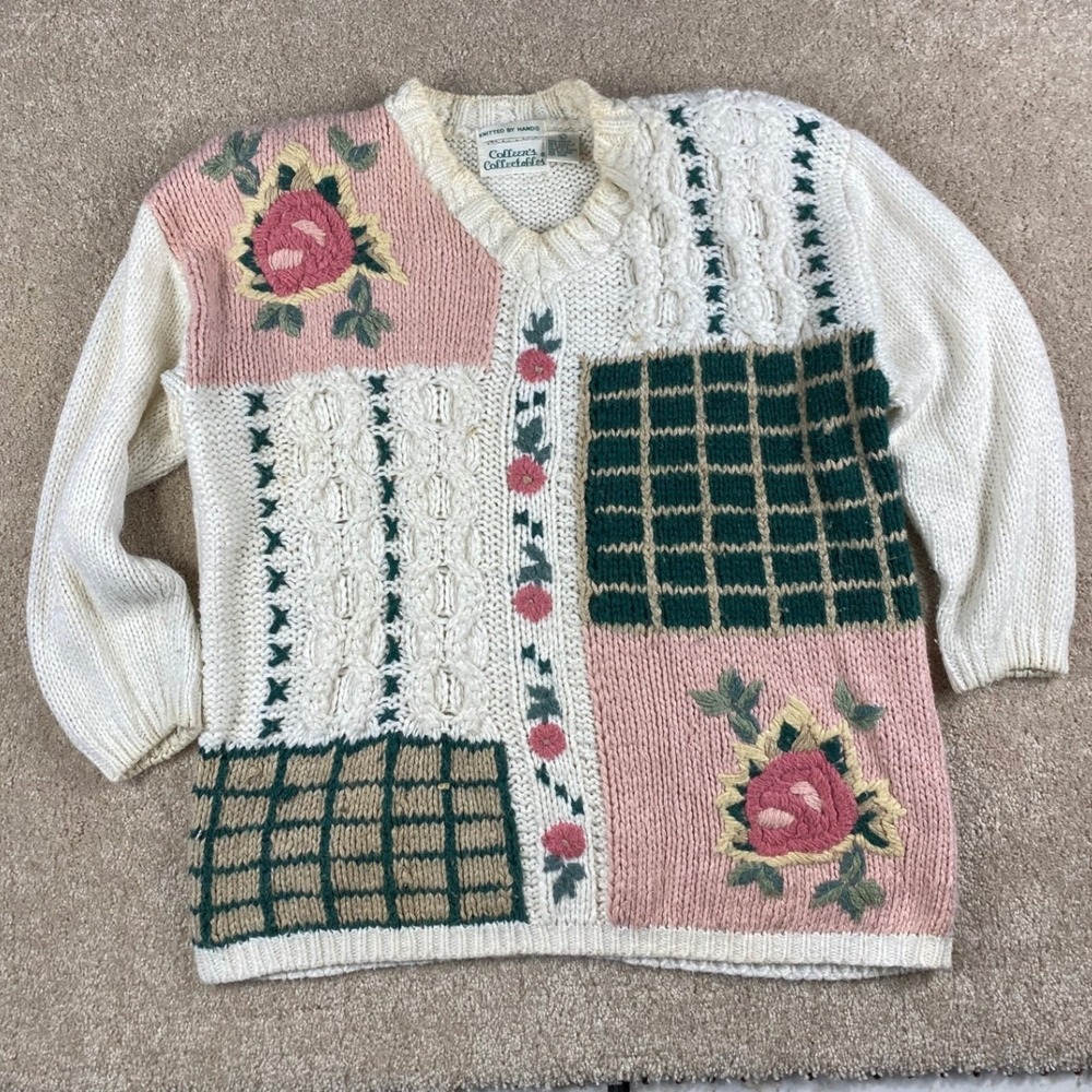 Vintage Colleens Collectables Hand Knitted Patchwork Floral Sweater Large